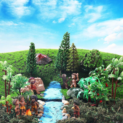 27 Pcs Primitive Man Figurines Kit, Include Diorama Supplies Mini People Figures Mixed Model Trees Stone Sand for Diorama Box Educational School Project Gift