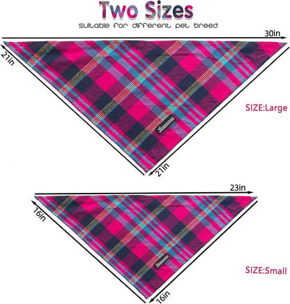 Adjustable Plaid Dog Bandanas,1PC Soft Washable Cotton Triangle Bib Kerchief Scarfs for Small Medium Large Dogs and Cats (Fuchsia&Blue, Large)