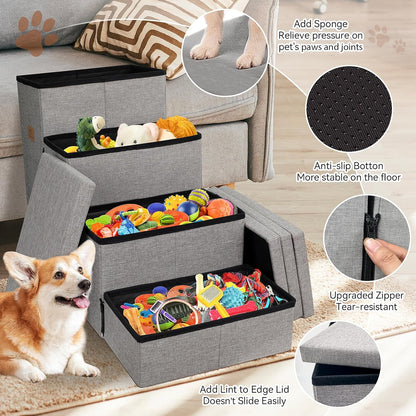 Dog Stairs 23" H, 4-Step Wider Dog Steps for High Beds Window, Folding Storage Pet Stairs Gift for Small/Medium/Large Old Dogs Cats, Ramp for Climbing Car Up to 200 lbs (Gray, with Condo)