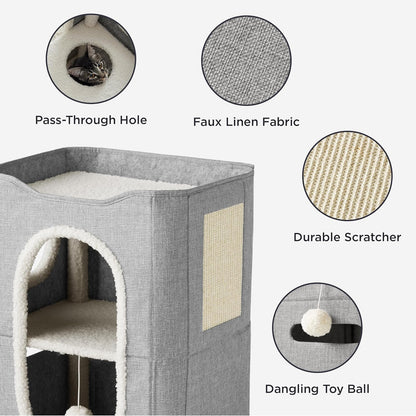 Bedsure 2 Story Cat House - Cat Condos for Indoor Cats with Scratch Pad and Fluffy Ball Hanging, Small Pet Cave Furniture Hideaway for Multi Pets, 18x14x23 inches, Grey