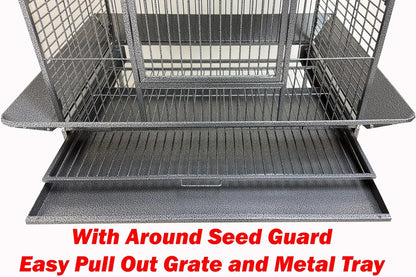 Extra Large Elegant and Durable Wrought Iron Climbing Ladder Perch Stand Play Top Ground Bird Parrot Metal Cage Around Seed Guard Storage Shelf with Heavy Duty Lockable Rolling Wheels