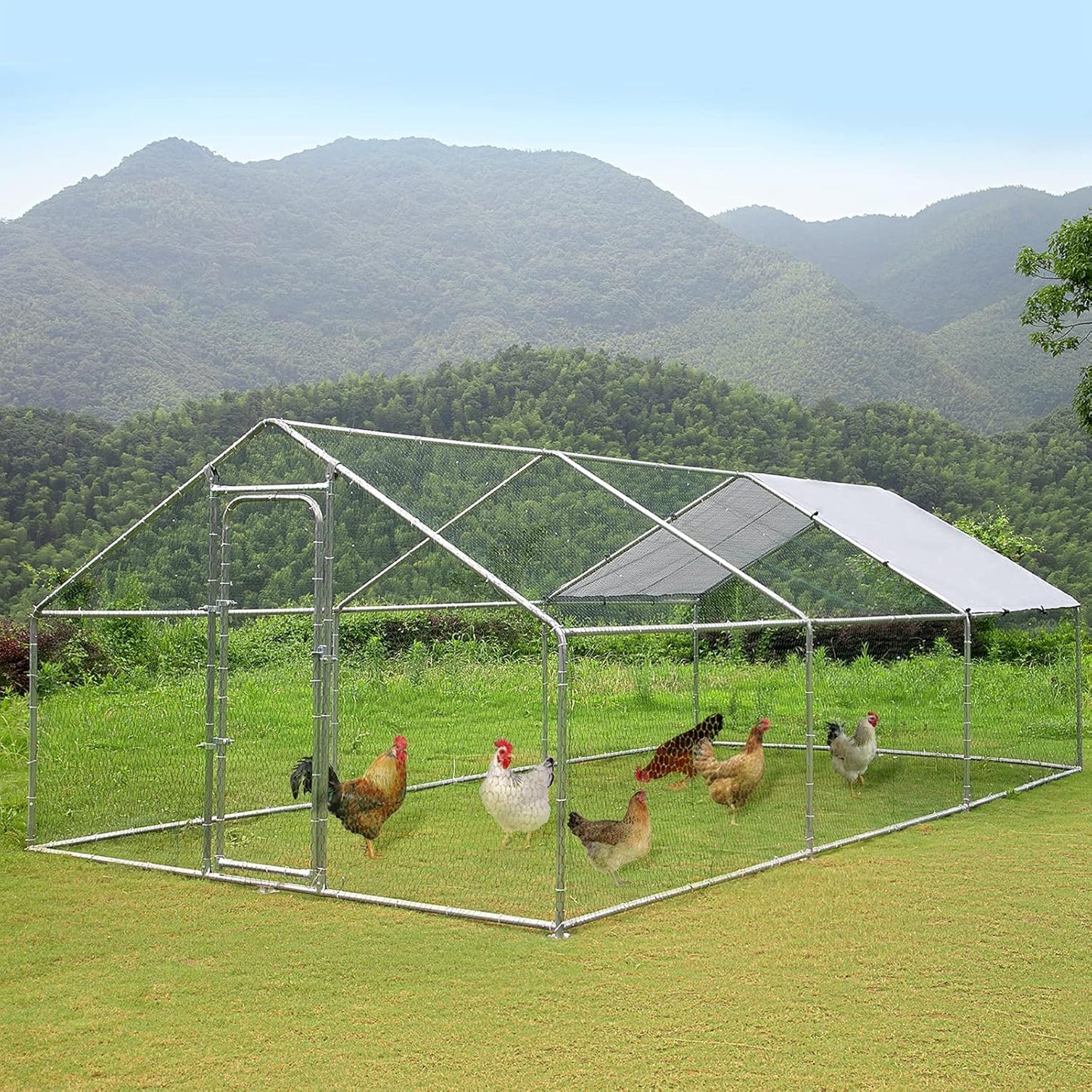 LEMBERI Metal Large Chicken Coop, Spire Shape Walk-in Poultry Chicken Hen cage, Rabbits Duck Cages with Waterproof and Anti-Ultraviolet Cover for Outside,Backyard and Farm