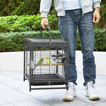 Yaheetech 25.5'' Wrought Iron Bird Travel Carrier Cage Parrot Cage with Handle Wooden Perch & Seed Guard for Small Parrots Canaries Budgies Parrotlets Lovebirds Conures Cockatiels