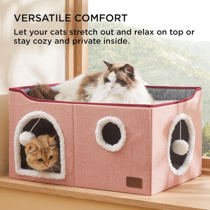 Bedsure Large Cat Beds for Indoor Cats - Extra Wide Cat Cube House for Small Pet with Fluffy Ball Hanging and Scratch Pad, Foldable Pet Cave Hideaway for Multiple Cats, 23.6x16.9x13 inches,Pink
