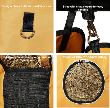 Majestic Ally 1200 D Hay Feeder Tote Bag for Horses, Sheep with Reflective Trim- Reduces Waste - Comes with 36” Hay Net. (Hunter Green)