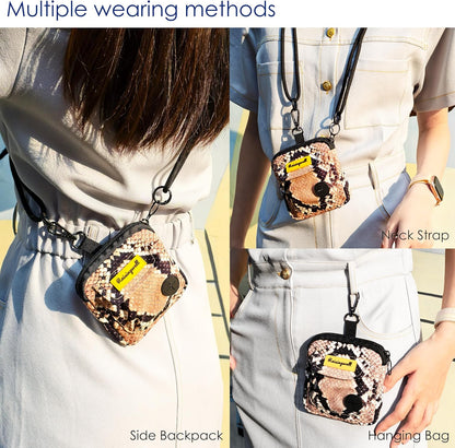 Dog Treat Pouch for Pet Walking and Training with Clicker Poop Bags and Double Bag Design Small Fanny Zipper Pack Holder for Puppy Snack Dispenser Kit for Leash and Outdoor Use Snake Skin