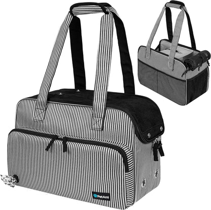 PetAmi Small Dog Purse Carrier, Soft-Sided Pet Carrier Bag with Pockets, Portable Puppy Cat Travel Handbag Tote, Airline Approved Breathable Mesh, Poop Bag Dispenser, Max 18 lbs, Stripe Black