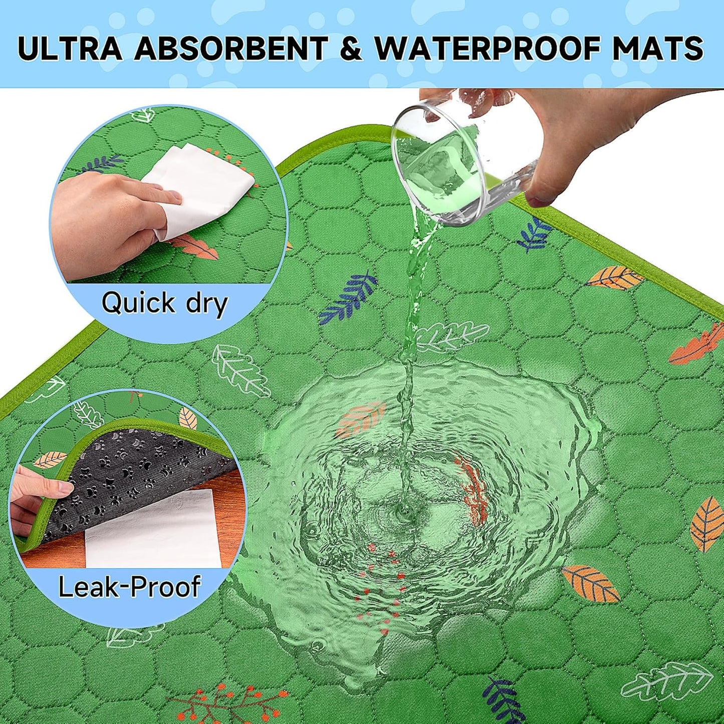 Sunheir 2-Pack Extra Large Reusable Dog Mat for Floor, Dog Playpen, Non-Slip Waterproof Super Absorbent Washable Pee Pads for Dogs, Pet Whelping Pads, Potty Training - Green, 36" x 41"