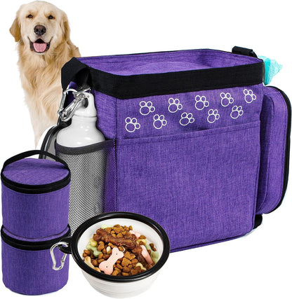 Dog Travel Bag with Treat Pouch, Airline Approved Dog Bags for Traveling, 2 Dog Food Travel Container, 2 Travel Bowls, Weekend Dog Travel Bag for Supplies, Dog Travel Kit Accessories